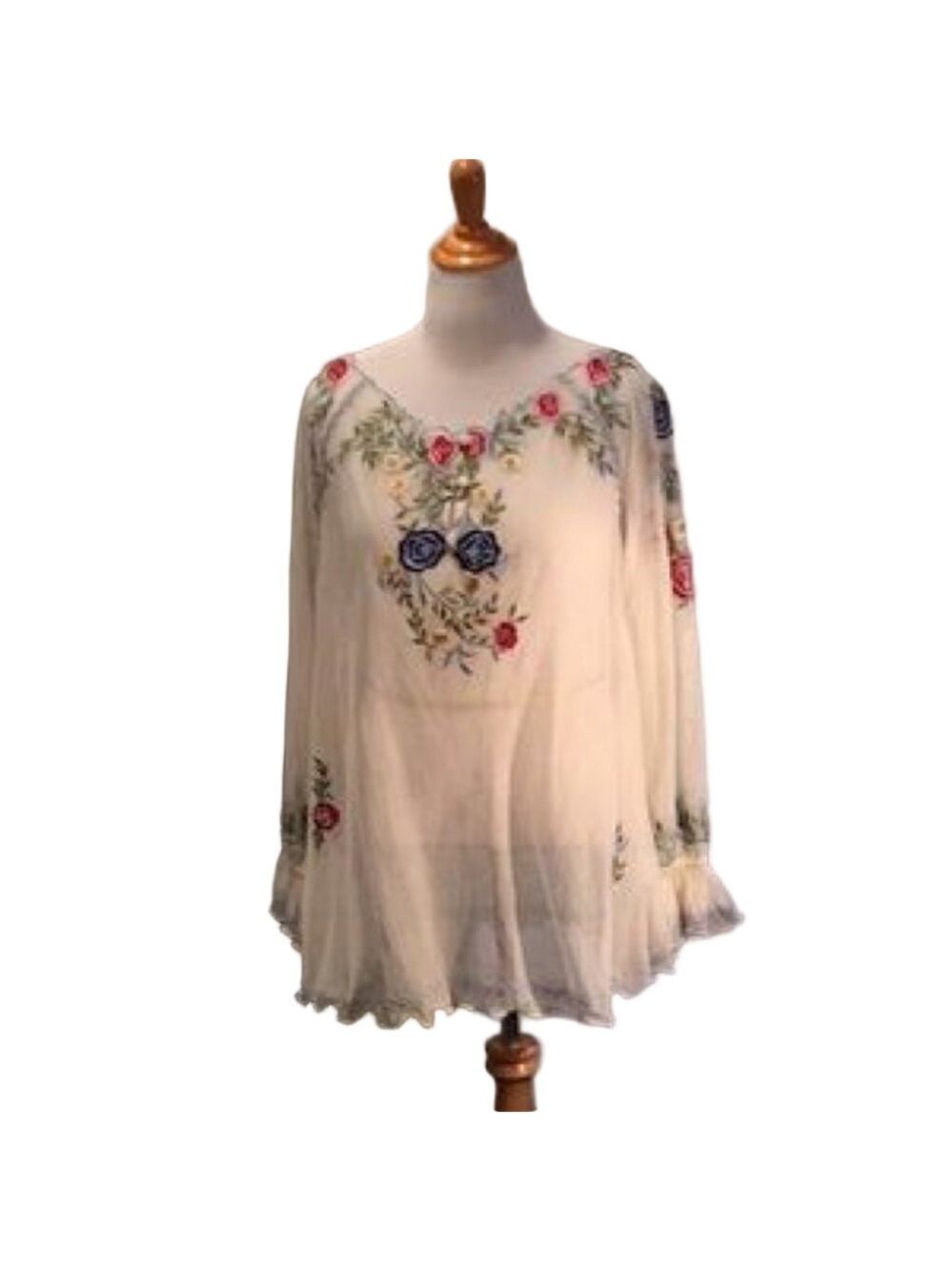 Roja Collection Embroidered Mesh Floral White Peasant Blouse - Women Tops Medium